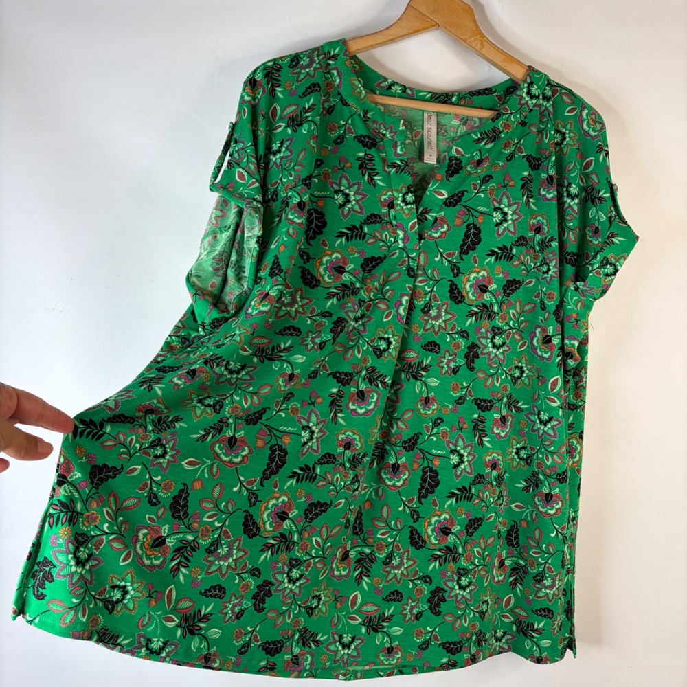 Dear Scarlett Floral Blouse Women 3X Green Roll Tab Sleeve V-Neck - Picture 8 of 9